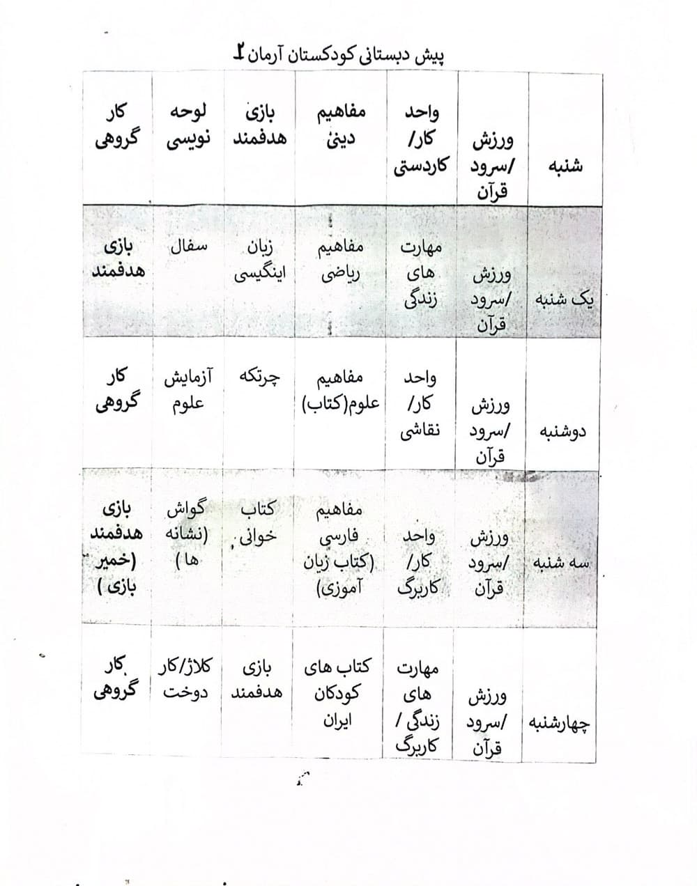 برنامه هفتگی کودکستان آرمان (پیش۲)